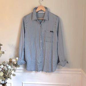 Womens Calvin Klein Chambray Button Long-sleeve Blouse Size L